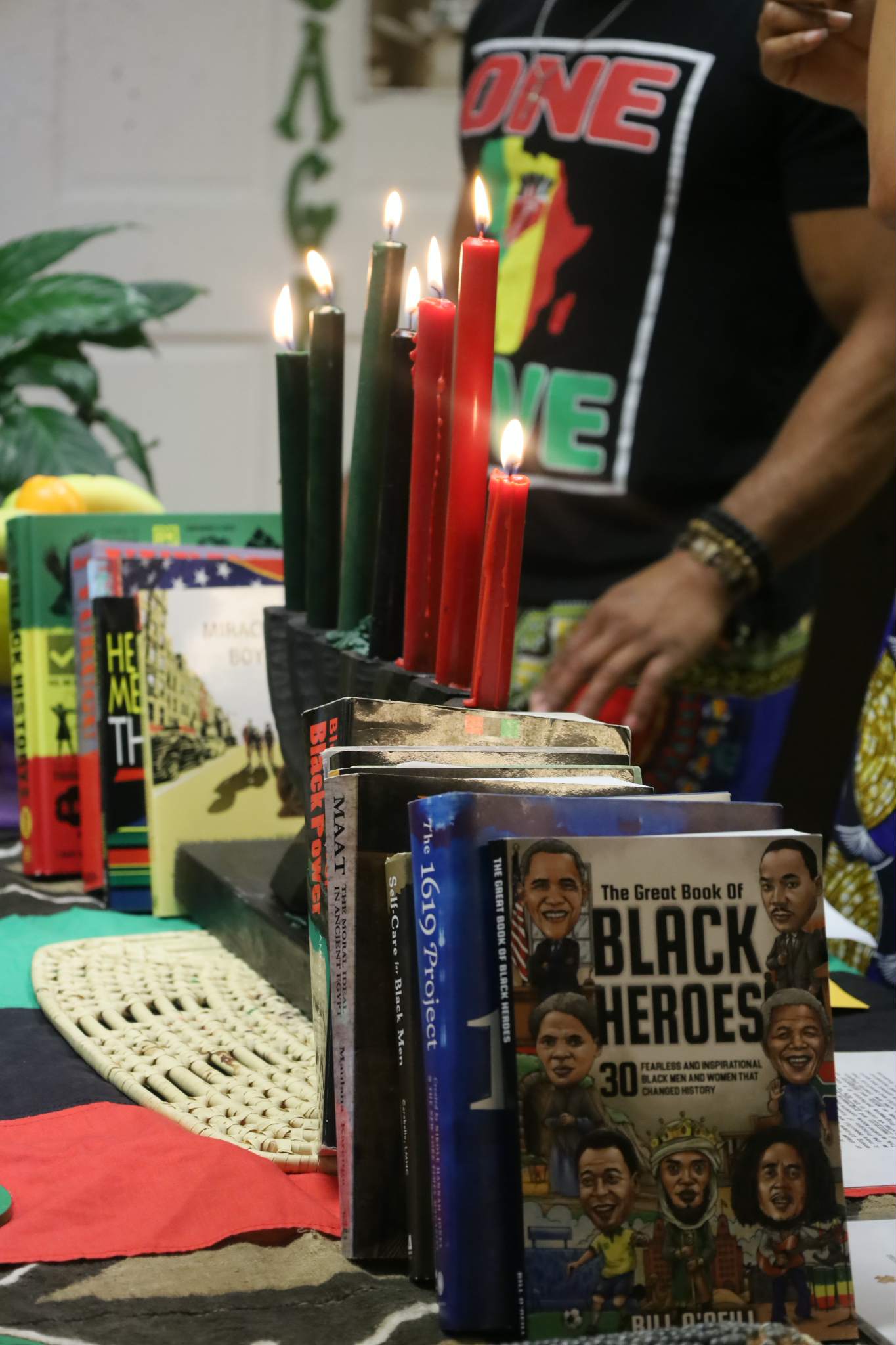 Kwanzaa candles and books display